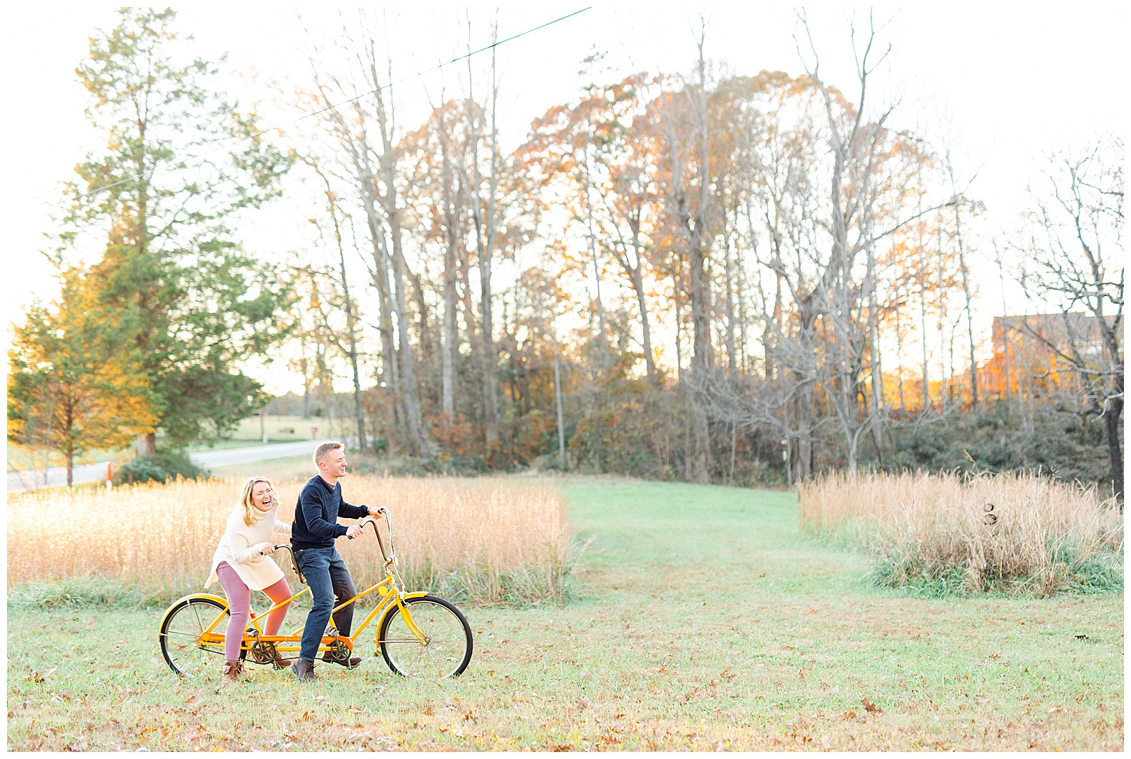 North Carolina Photographer Sunset Engagement on swing tandem bike