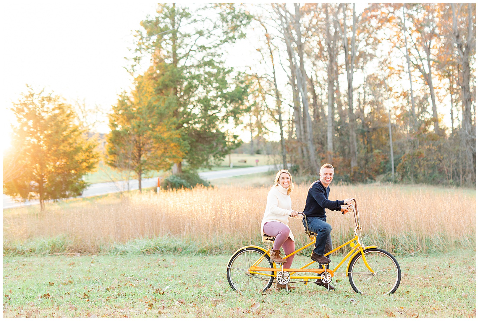 North Carolina Photographer Sunset Engagement on swing tandem bike