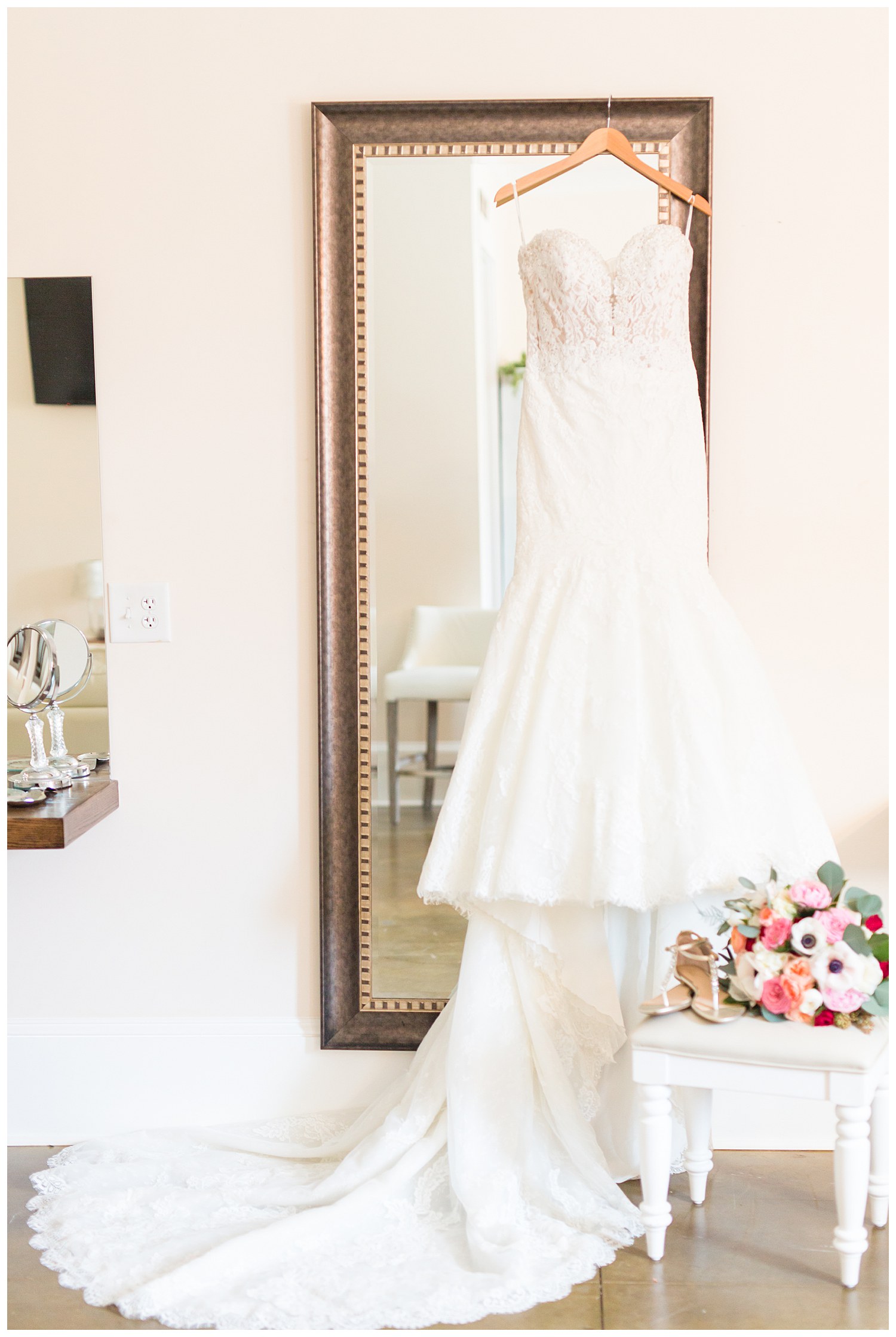 Spring wedding bouquet and dress at a Southern Elegant Wedding at Sweet Magnolia Estate in Charlotte, NC