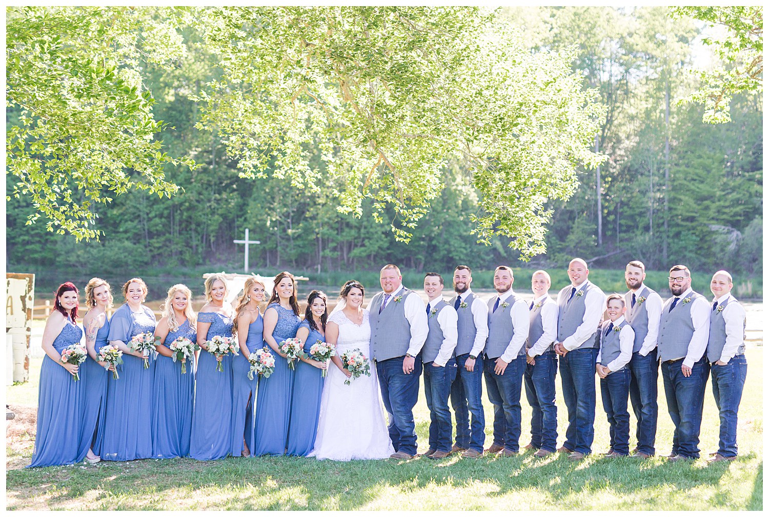 Bride with dusty blue bridesmaids dresses at the Gathering Place in Gastonia NC by Charlotte Wedding Photographer, Jacqueline Jones Photography