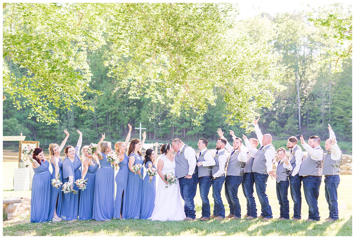 Bride with dusty blue bridesmaids dresses at the Gathering Place in Gastonia NC by Charlotte Wedding Photographer, Jacqueline Jones Photography