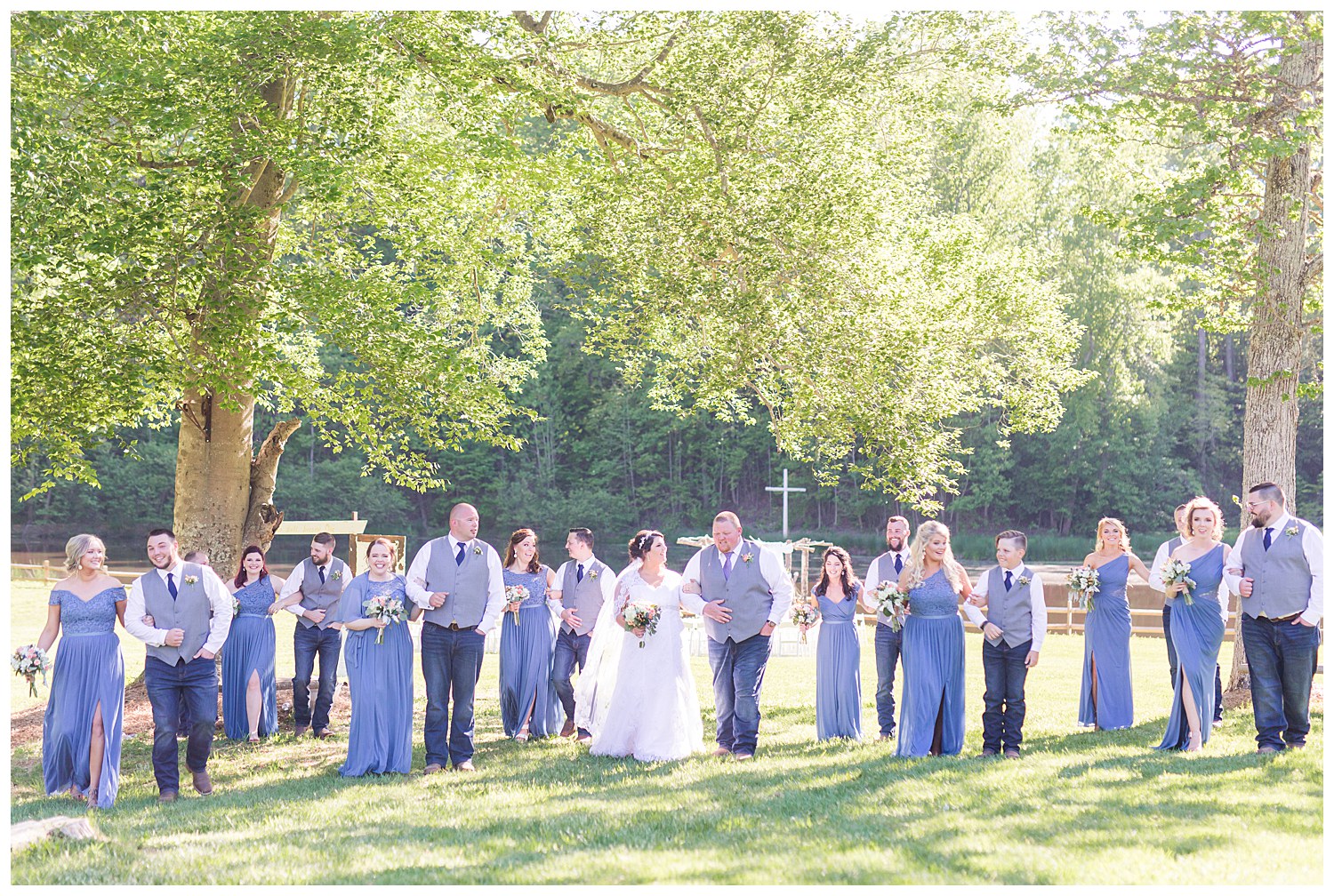 Bride with dusty blue bridesmaids dresses at the Gathering Place in Gastonia NC by Charlotte Wedding Photographer, Jacqueline Jones Photography