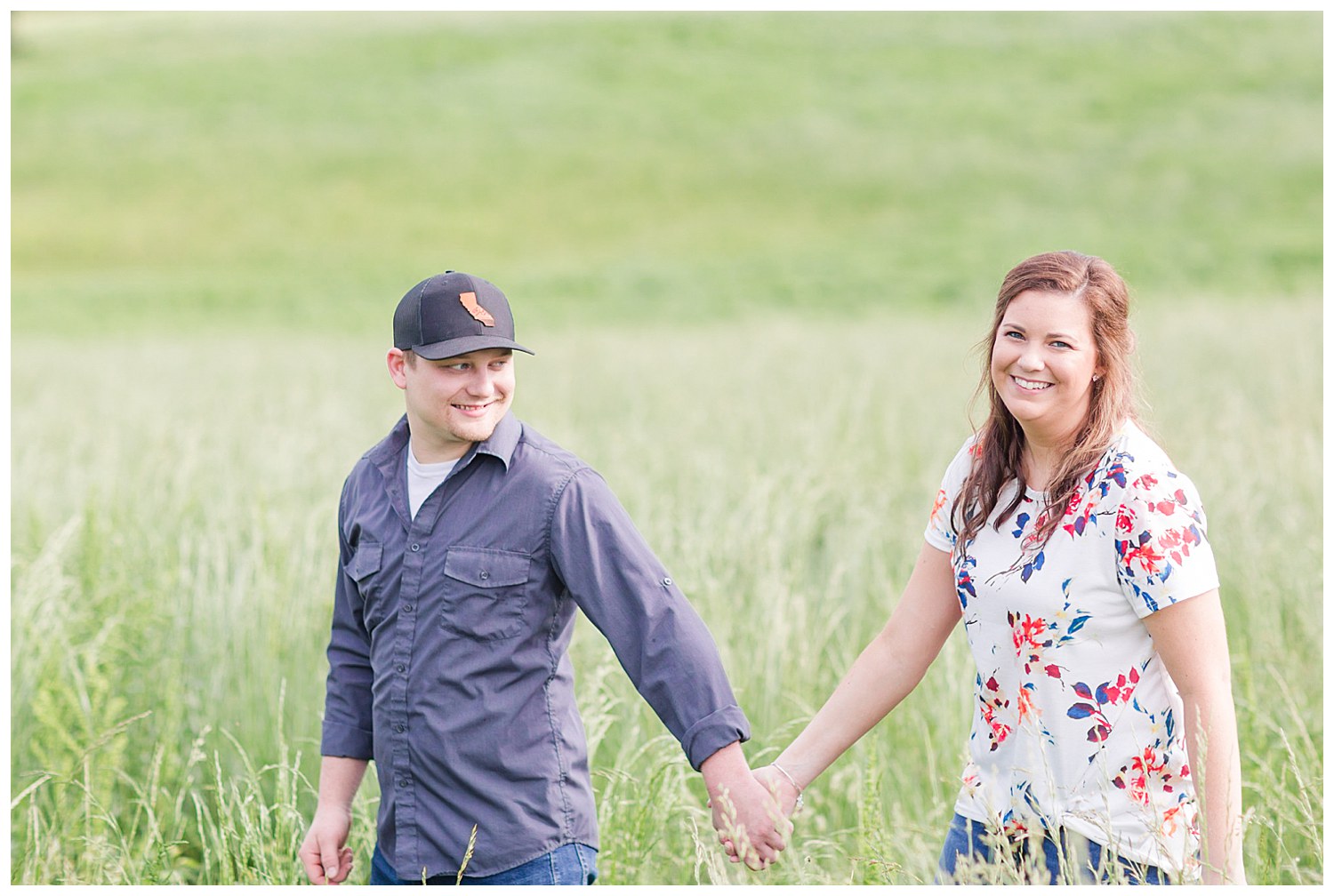 Charlotte Wedding Photographer shoots engagement session in tall prairie grass at Daveste Vineyards in Troutman NC