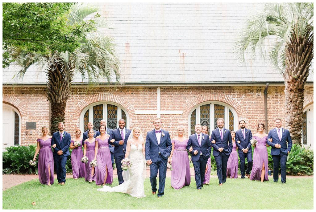 lavender and navy bridal party at St. Lukes Chapel in Charleston, SC