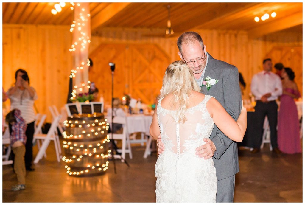 Father and daughter dance at the Shed at Quiet Hollow in Maiden, NC by Charlotte wedding photographer, Jacqueline Jones