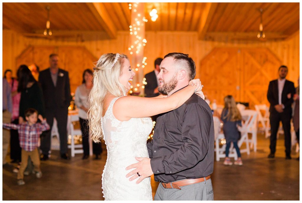 Bride and groom on dance floor at the Shed at Quiet Hollow in Maiden, NC by Charlotte wedding photographer, Jacqueline Jones