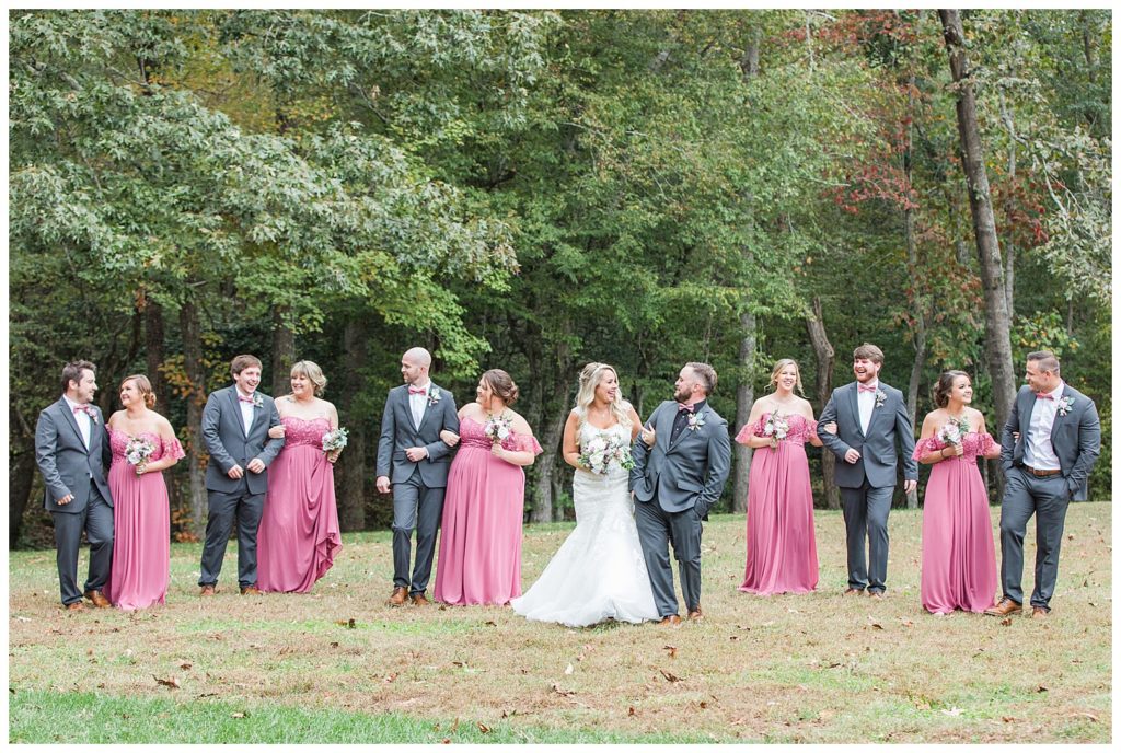 Bride, groom, bridesmaids, groomsmen, at the Shed at Quiet Hollow in Maiden, NC by Charlotte wedding photographer, Jacqueline Jones