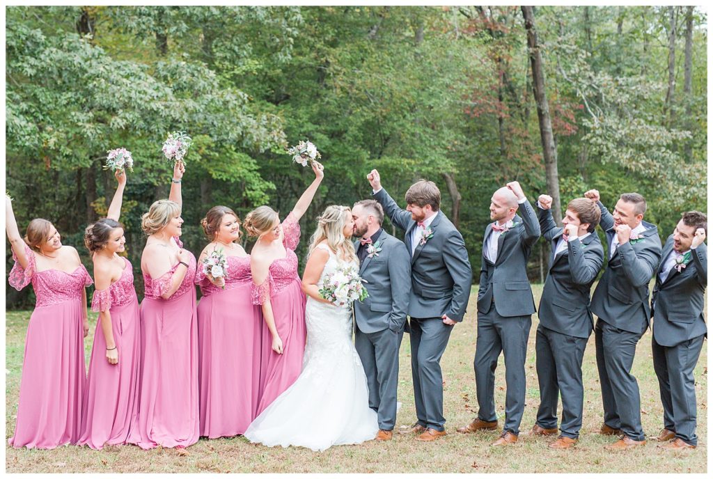 Bride, groom, bridesmaids, groomsmen, at the Shed at Quiet Hollow in Maiden, NC by Charlotte wedding photographer, Jacqueline Jones