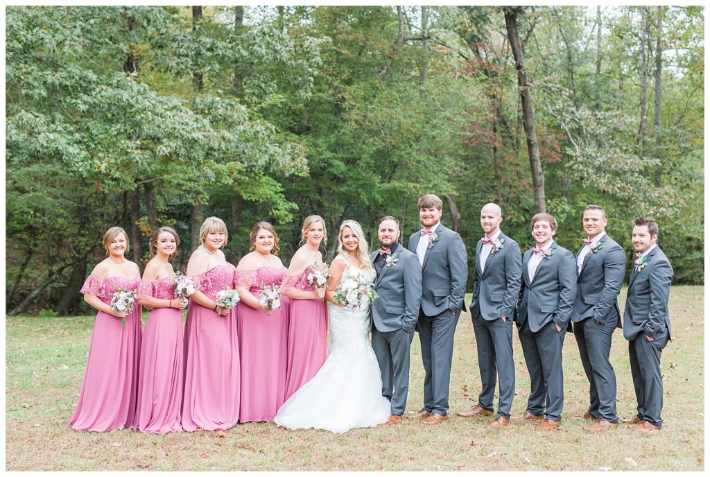 Bride, groom, bridesmaids, groomsmen, at the Shed at Quiet Hollow in Maiden, NC by Charlotte wedding photographer, Jacqueline Jones