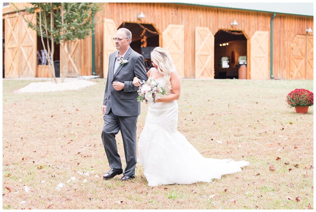 Father of the bride and bride at the Shed at Quiet Hollow in Maiden, NC by Charlotte wedding photographer, Jacqueline Jones