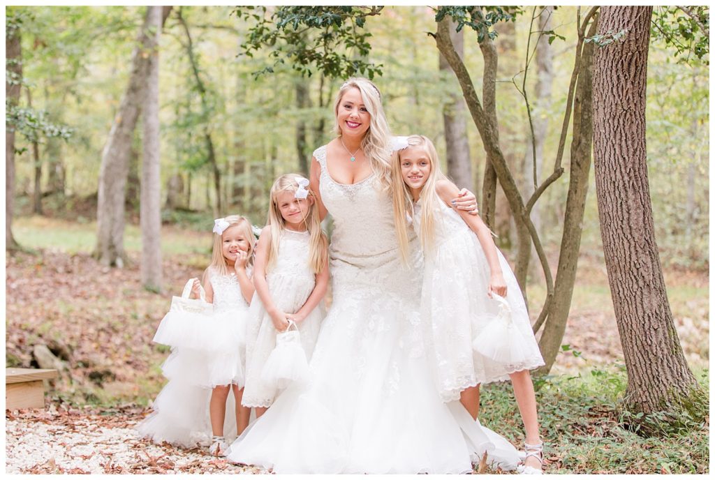 Bride and children at the Shed at Quiet Hollow in Maiden, NC by Charlotte wedding photographer, Jacqueline Jones