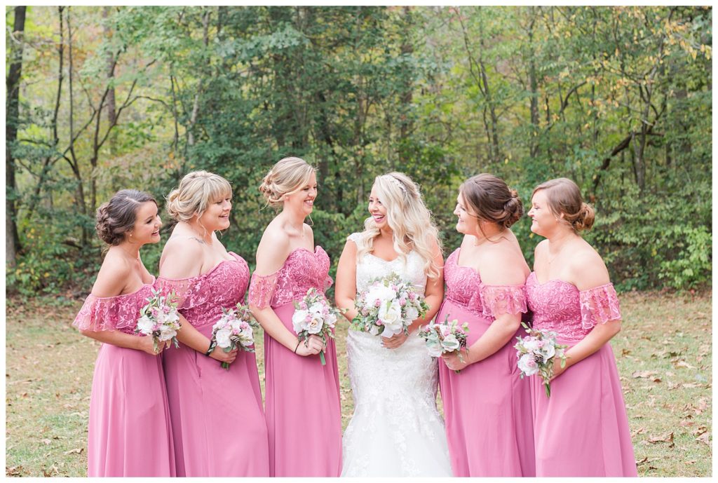 Bride and bridesmaids at the Shed at Quiet Hollow in Maiden, NC by Charlotte wedding photographer, Jacqueline Jones