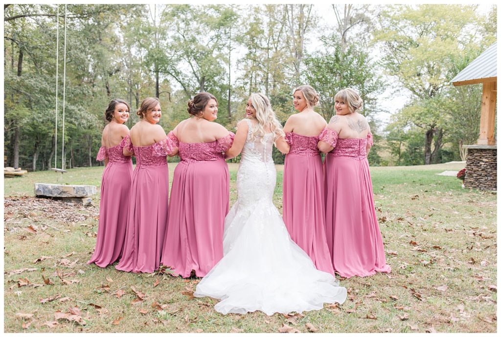 Bride and bridesmaids at the Shed at Quiet Hollow in Maiden, NC by Charlotte wedding photographer, Jacqueline Jones