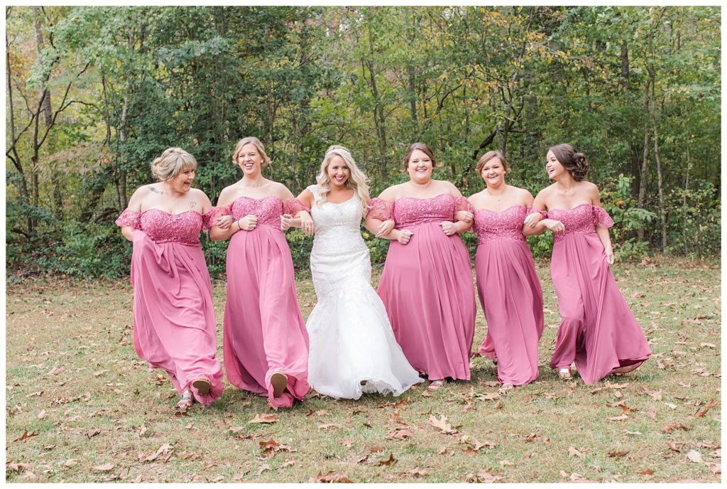 Bride and bridesmaids at the Shed at Quiet Hollow in Maiden, NC by Charlotte wedding photographer, Jacqueline Jones