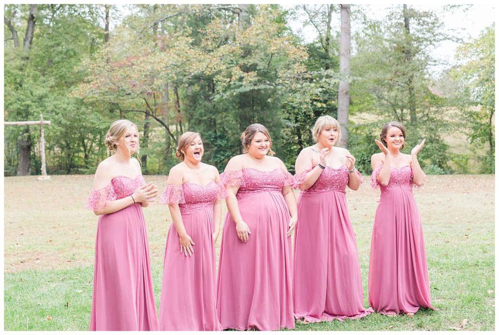 Bridesmaids at the Shed at Quiet Hollow in Maiden, NC by Charlotte wedding photographer, Jacqueline Jones