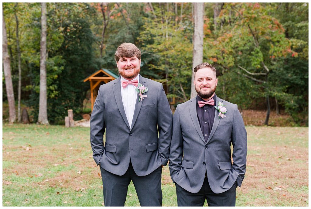 Groom and groomsman at wedding at the Shed at Quiet Hollow in Maiden, NC by Charlotte wedding photographer, Jacqueline Jones