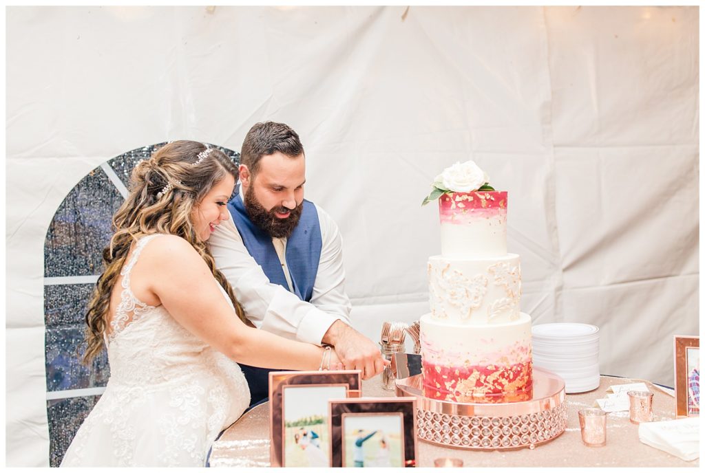 Bride and groom cutting cake in Morganton, NC at Double C’s Acres by Charlotte wedding photographer, Jacqueline Jones