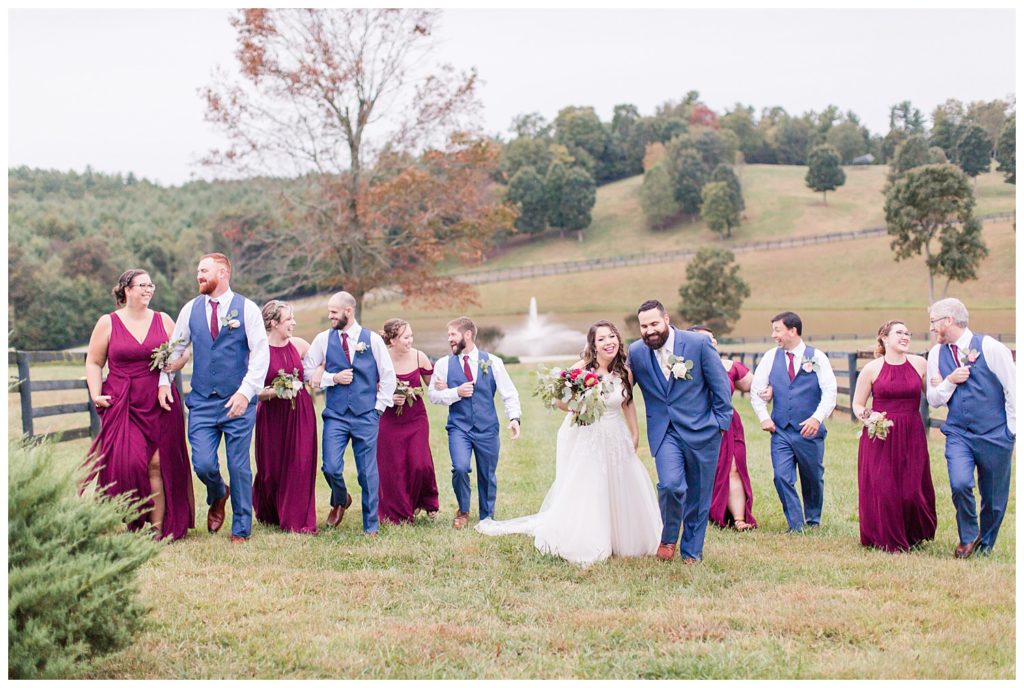 Groom, bride, bridesmaids, groomsmen, in Morganton, NC at Double C’s Acres by Charlotte wedding photographer, Jacqueline Jones