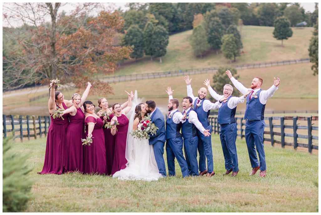 Groom, bride, bridesmaids, groomsmen, in Morganton, NC at Double C’s Acres by Charlotte wedding photographer, Jacqueline Jones