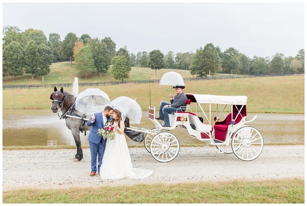 Couple at horse carriage in Morganton, NC at Double C’s Acres by Charlotte wedding photographer, Jacqueline Jones