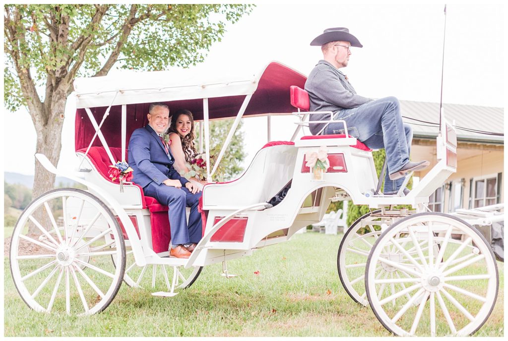 Bride and groom in horse carriage in Morganton, NC at Double C’s Acres by Charlotte wedding photographer, Jacqueline Jones