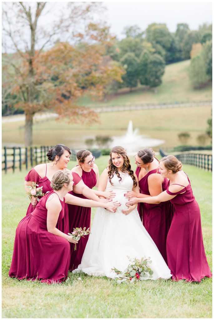 Bride and bridesmaids in Morganton, NC at Double C’s Acres by Charlotte wedding photographer, Jacqueline Jones