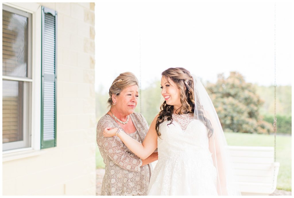 Bride and bride’s mother at wedding in Morganton, NC at Double C’s Acres by Charlotte wedding photographer, Jacqueline Jones