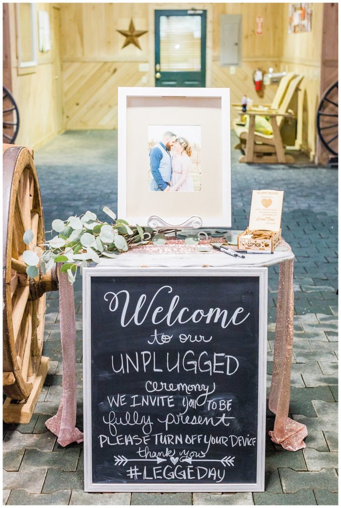 Wedding sign in Morganton, NC at Double C’s Acres by Charlotte wedding photographer, Jacqueline Jones