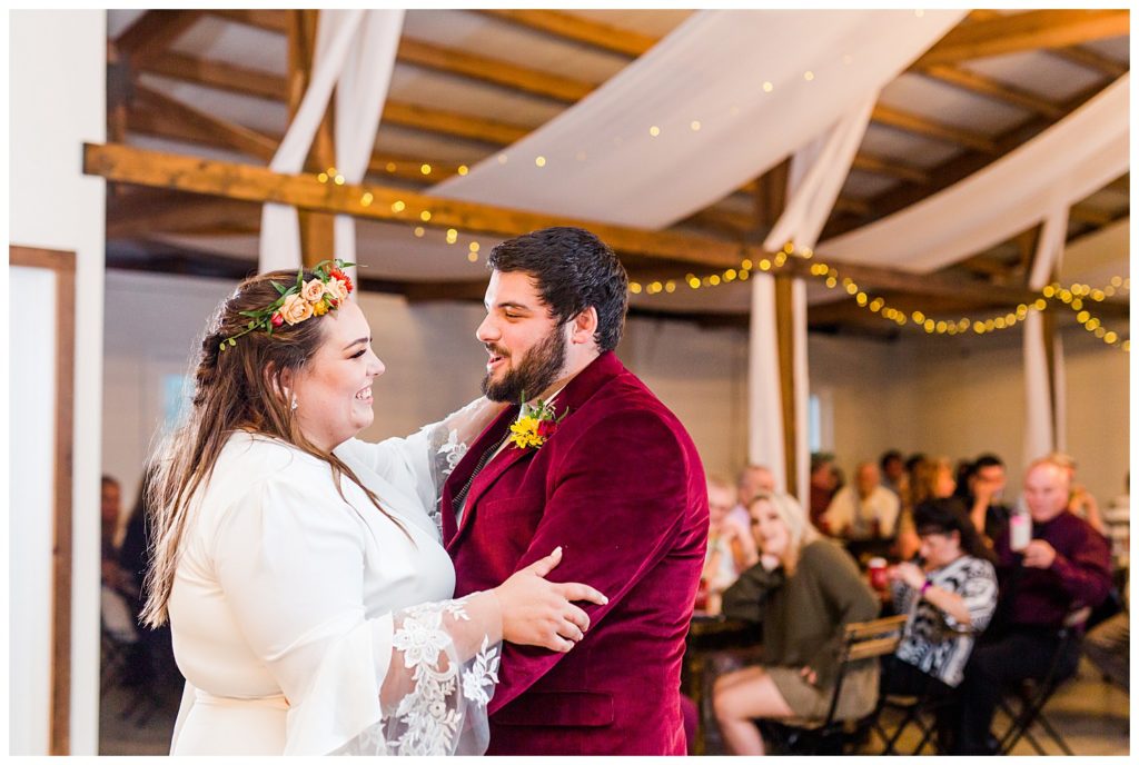 Bride and groom on dance floor at Circle M Farm in Lincolnton, NC by Charlotte wedding photographer, Jaqueline Jones