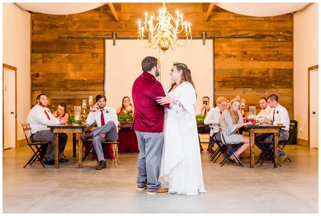 Bride and groom on dance floor at Circle M Farm in Lincolnton, NC by Charlotte wedding photographer, Jaqueline Jones