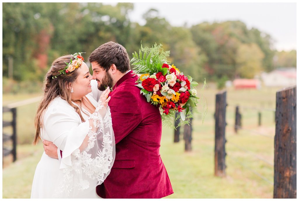 Bride and groom at Circle M Farm in Lincolnton, NC by Charlotte wedding photographer, Jaqueline Jones