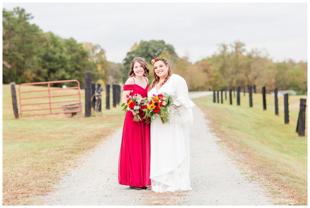 Bride and bridesmaid photo at Circle M Farm in Lincolnton, NC by Charlotte wedding photographer, Jaqueline Jones