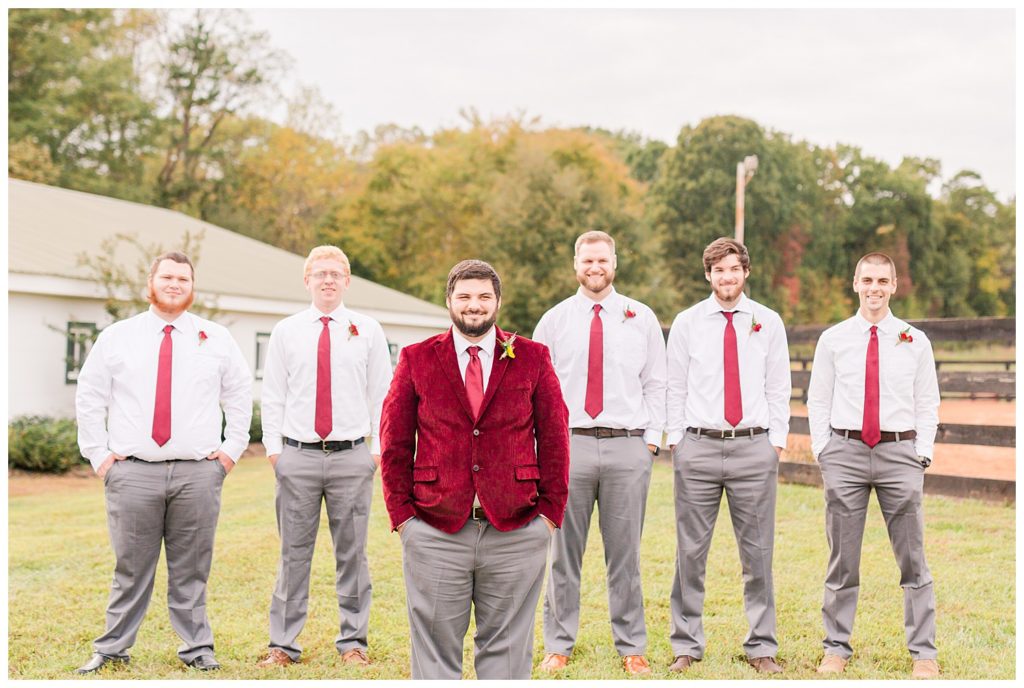 Groom and groomsmen at Circle M Farm in Lincolnton, NC by Charlotte wedding photographer, Jaqueline Jones