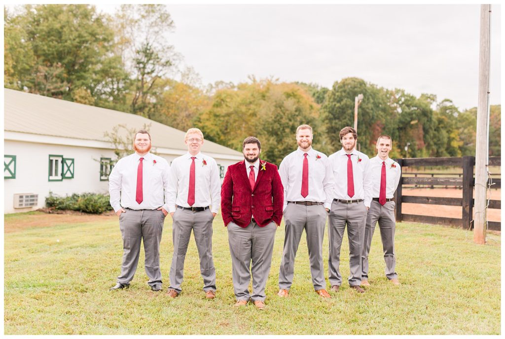 Groom and groomsmen at Circle M Farm in Lincolnton, NC by Charlotte wedding photographer, Jaqueline Jones