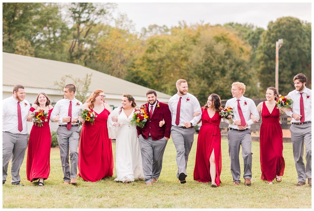 Bride, groom, bridesmaids, groomsmen, at Circle M Farm in Lincolnton, NC by Charlotte wedding photographer, Jaqueline Jones