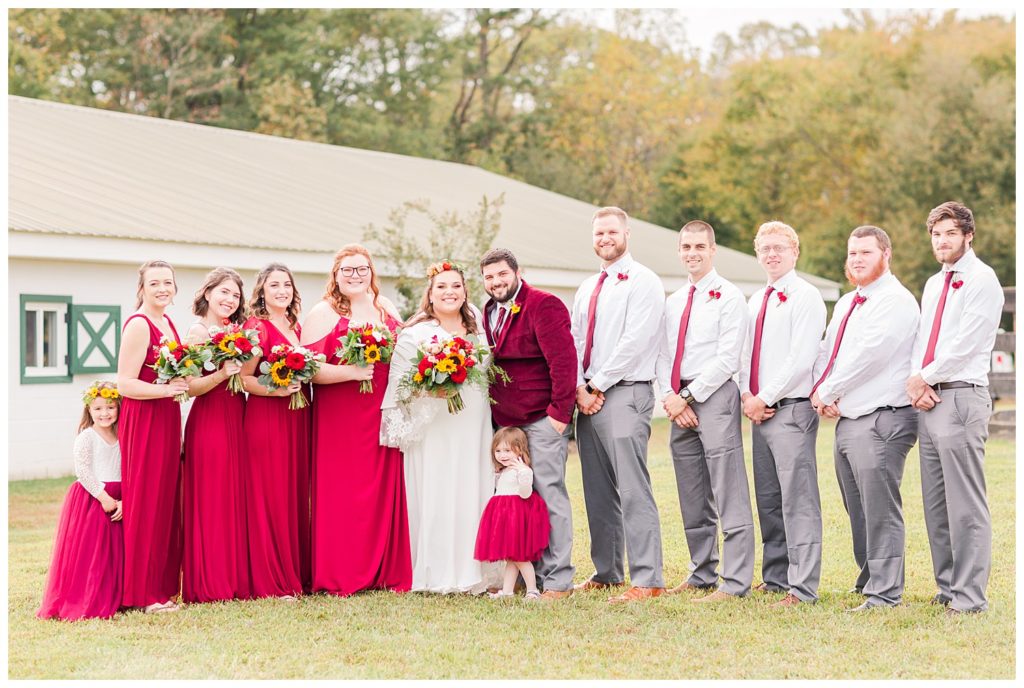 Bride, groom, bridesmaids, groomsmen, at Circle M Farm in Lincolnton, NC by Charlotte wedding photographer, Jaqueline Jones