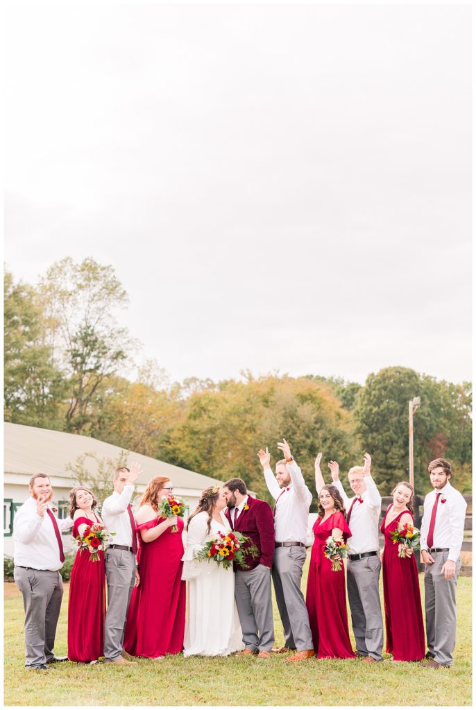 Bride, groom, bridesmaids, groomsmen, at Circle M Farm in Lincolnton, NC by Charlotte wedding photographer, Jaqueline Jones