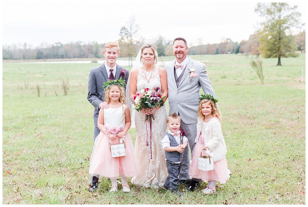 Family photo at NC wedding in Mount Pleasant at the Farm at Brusharbor by Charlotte wedding photographer, Jacqueline Jones