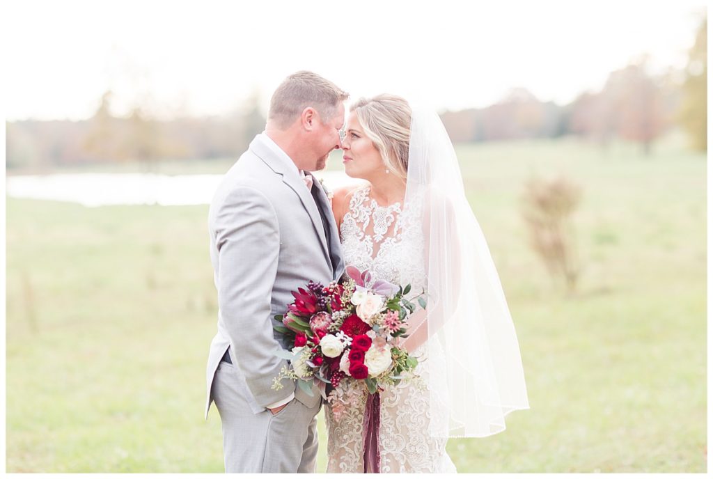 Bride and groom in Mount Pleasant at the Farm at Brusharbor by Charlotte wedding photographer, Jacqueline Jones