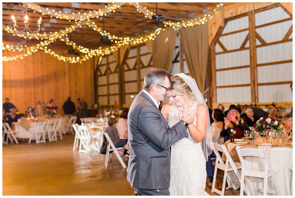 Father and bride dancing at NC wedding in Mount Pleasant at the Farm at Brusharbor by Charlotte wedding photographer, Jacqueline Jones