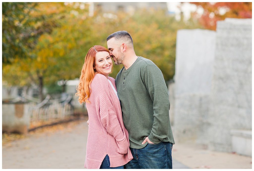 Engaged couple at the Romare Bearden Park in Charlotte, NC, by Charlotte engagement photographer, Jacqueline Jones