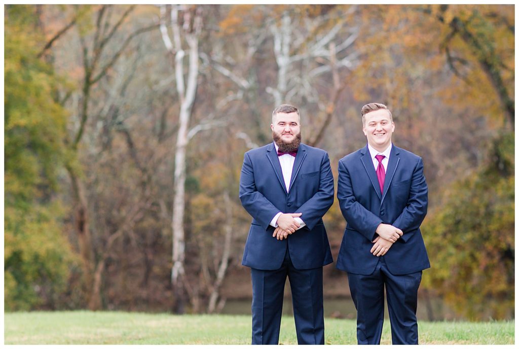 Groom with groomsman at the Barn at Sandcastle Farm in Dallas, NC by Charlotte wedding photographer, Jacqueline Jones