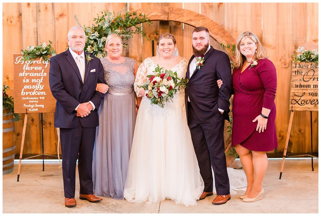 Bride and groom and their parents at the Barn at Sandcastle Farm in Dallas, NC by Charlotte wedding photographer, Jacqueline Jones 