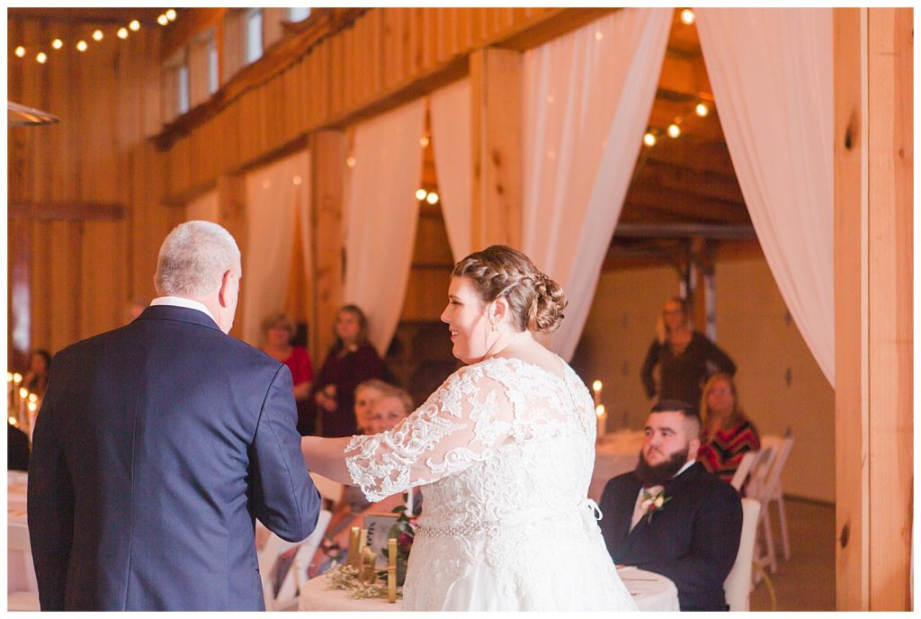 Father leading bride to dance floor at the Barn at Sandcastle Farm in Dallas, NC by Charlotte wedding photographer, Jacqueline Jones