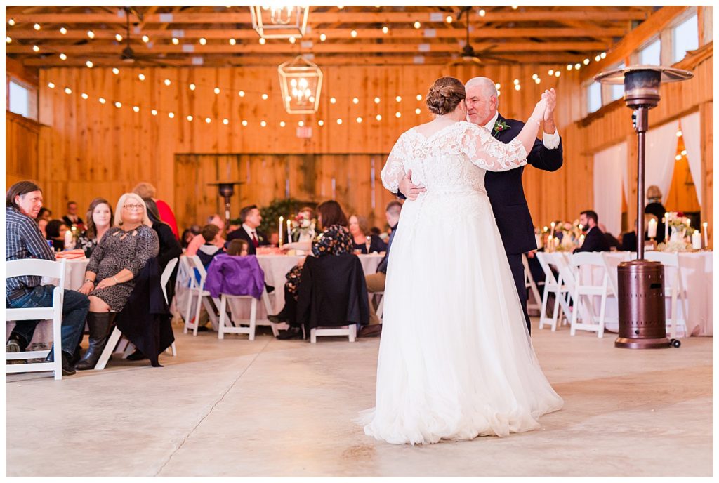 Father and daughter dance at red and blush themed wedding at the Barn at Sandcastle Farm in Dallas, NC by Charlotte wedding photographer, Jacqueline Jones