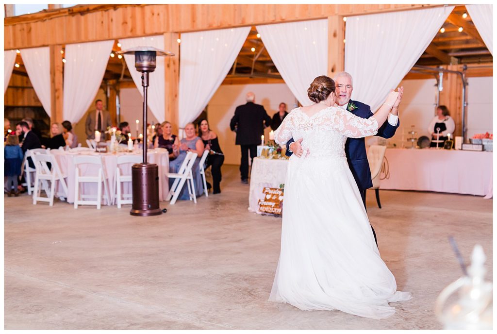 Father and daughter dance at red and blush themed wedding at the Barn at Sandcastle Farm in Dallas, NC by Charlotte wedding photographer, Jacqueline Jones