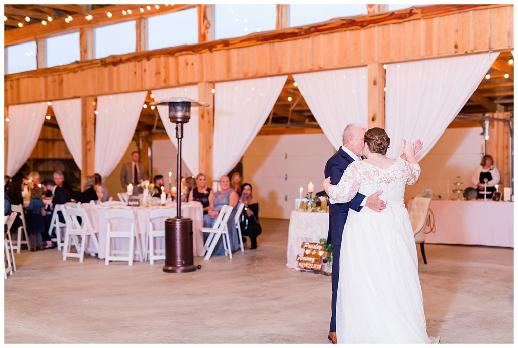 Father and daughter dance at red and blush themed wedding at the Barn at Sandcastle Farm in Dallas, NC by Charlotte wedding photographer, Jacqueline Jones