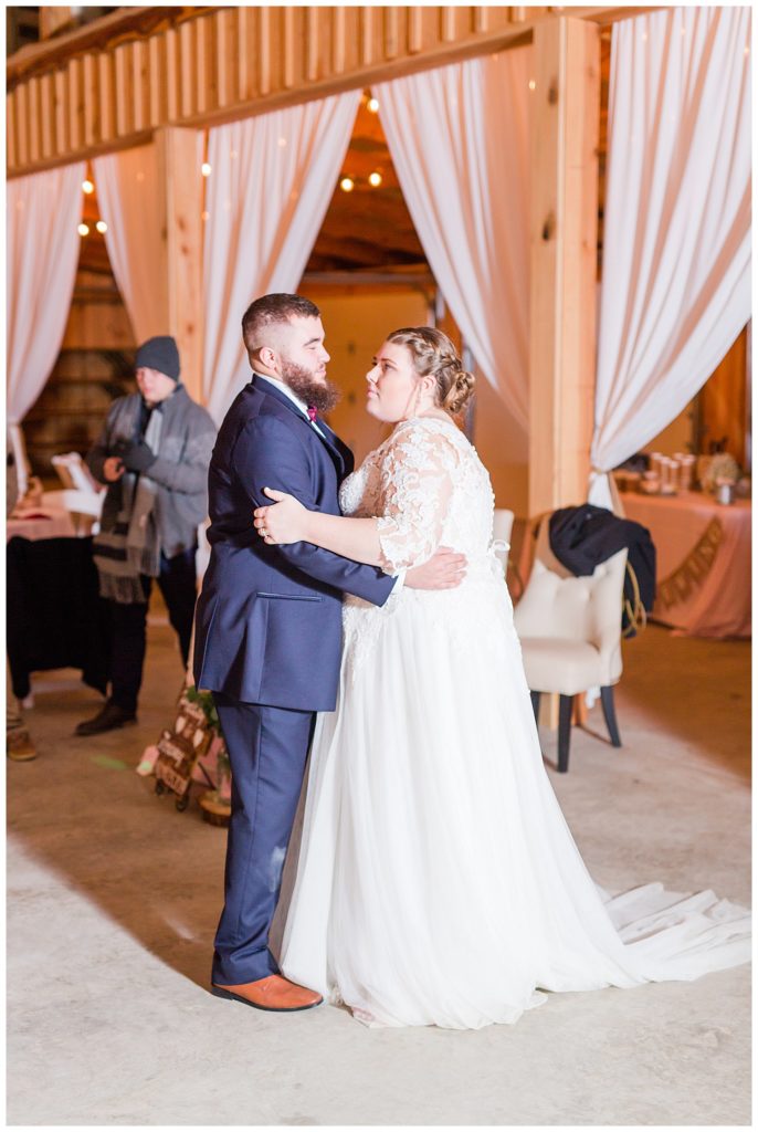 Bride and groom dancing at the Barn at Sandcastle Farm in Dallas, NC by Charlotte wedding photographer, Jacqueline Jones