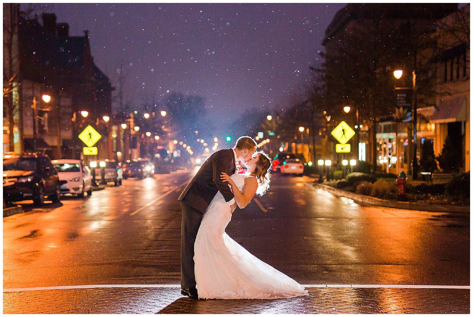 downtown specialty shot with flash glowing Charlotte wedding photography 